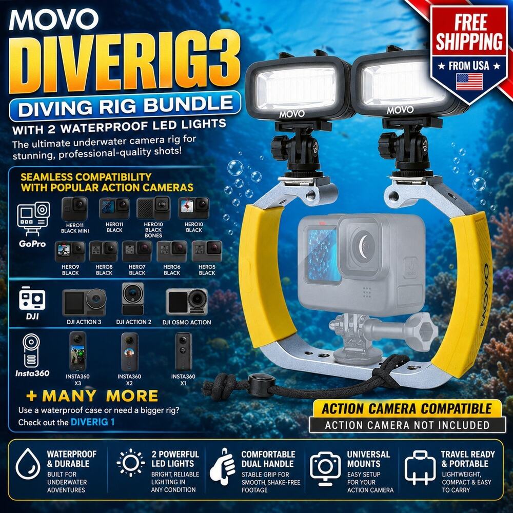 Movo XL Underwater Scuba Diving Rig Bundle w/ 2 Waterproof LED Lights for GoPro